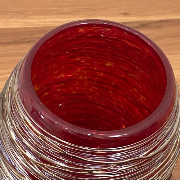 Robert Adamson Handblown Red Art Glass Thread Wrap 6” Dome Large Votive Vase - Picture 15 of 16
